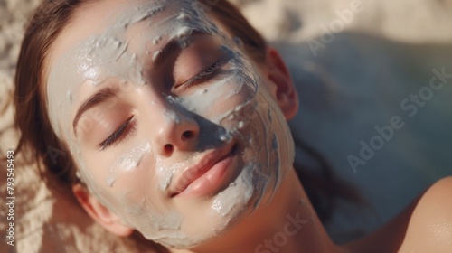 Woman Enjoying Mud Bath Facial Mask in Dead Sea Wallpaper Background Beautiful Relax Rejuvenate Skin Beauty Health Enriched Organic Minerals Concept of Vacation Travel Eco Tour with Copy Space 16:9 