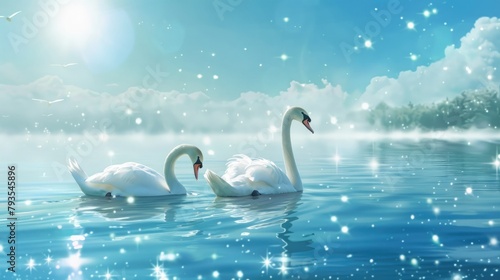 Swans on a Sparkling Blue Lake in Bright Daylight Swans in a Pond Nature Collection © 2rogan