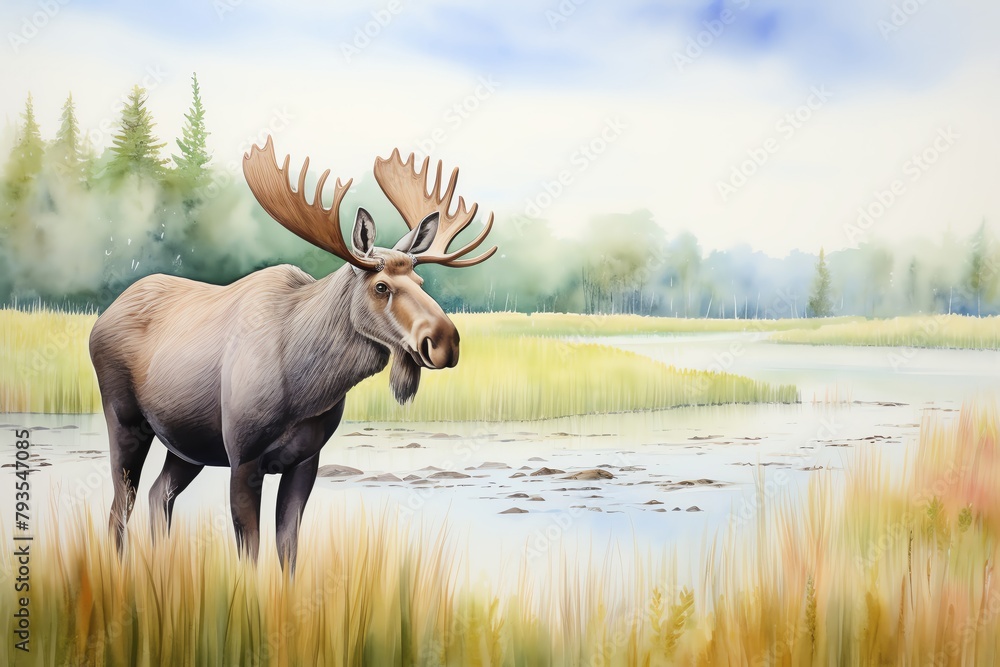 Watercolor of moose in marsh, towering presence