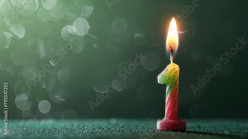 Number one birthday candle on green background photo