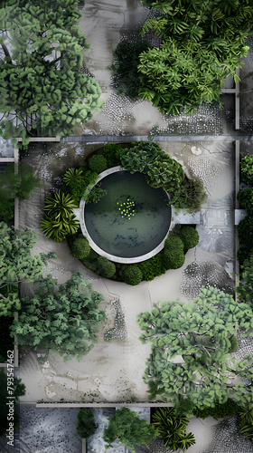 A small pond with a few trees surrounding it. The pond is surrounded by a stone wall and has a few lilies floating on the surface photo