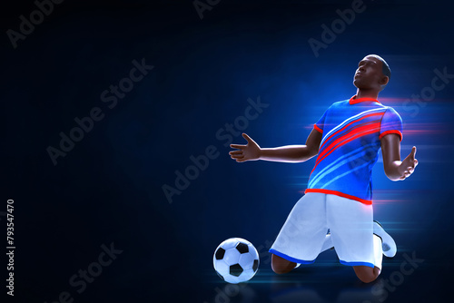 3d illustration young professional soccer player celebration on dark blue background