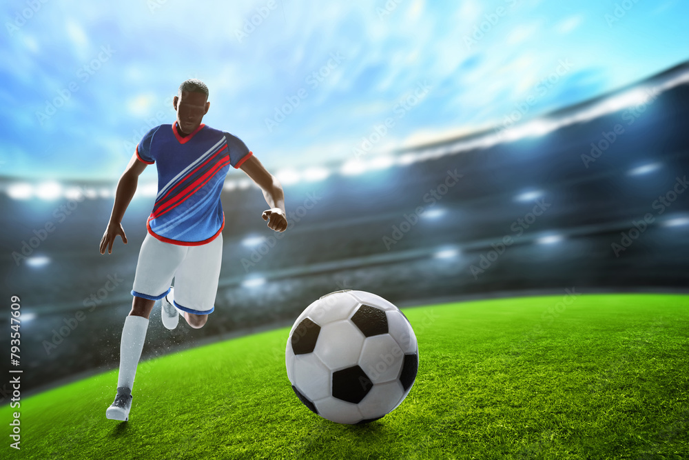 3d illustration young professional soccer player running in the stadium field with blue sky 3d illustration young professional soccer player running in the stadium field with blue sky