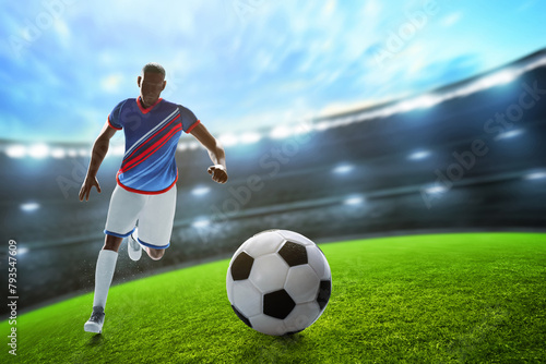3d illustration young professional soccer player running in the stadium field with blue sky