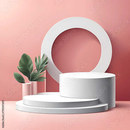 3d gray stage background product display podium scene with leaf platform. pink background vector 3d render with podium. stand to show cosmetic product. 1:1