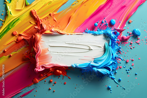 Blank mockup product on multi-coloured acrylic paint brush stoke texture splash background photo