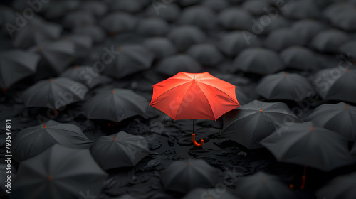 A red umbrella stands out in a sea of black umbrellas. Concept of solitude and isolation, as the lone red umbrella is surrounded by many identical black umbrellas photo