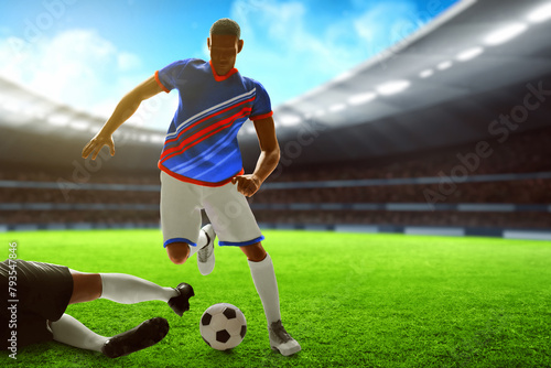 3d illustration young professional soccer player running dribbling and slide tackle in the stadium field with blue sky © fotokitas