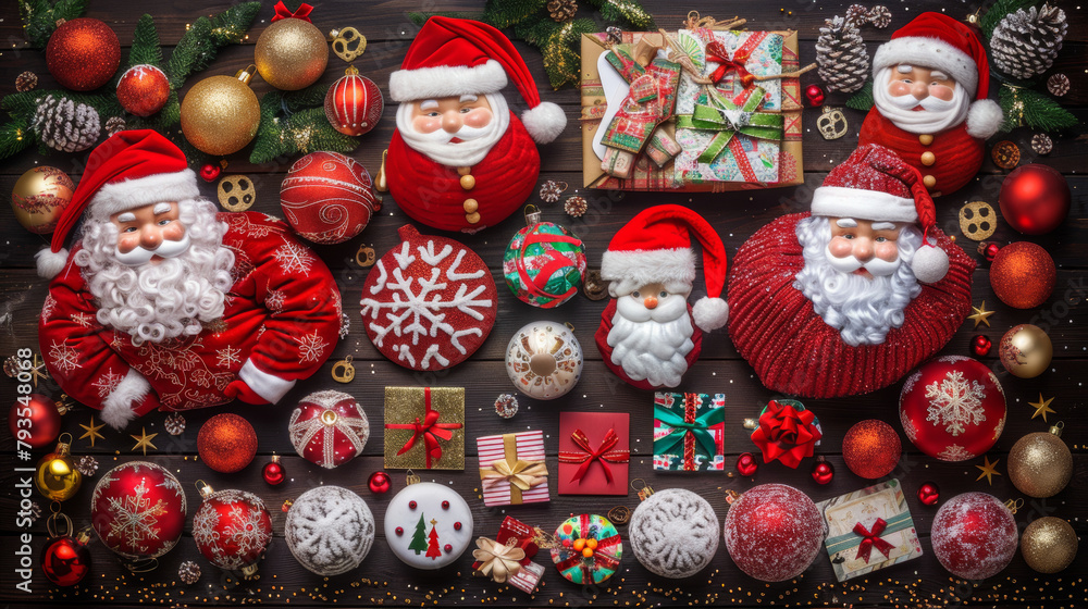 A collection of Christmas decorations including Santa Claus figurines, ornaments, and gifts. The scene conveys a festive and joyful mood, as it is a representation of the holiday season