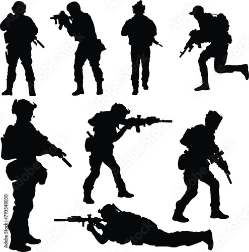 silhouettes of soldiers in uniform. Soldier full armor illustration in various pose