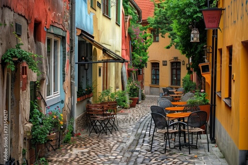 A charming European cobblestone street lined with colorful buildings and cafes © wpw
