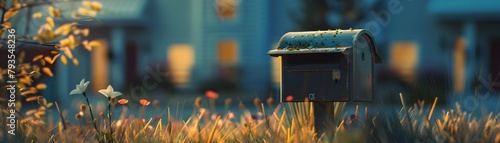 A mailbox is sitting in a field of flowers. The mailbox is black and has a red lettering. The flowers are yellow and white. The scene is peaceful and serene photo