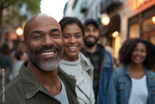 Cheerful african american man with friends in the city
