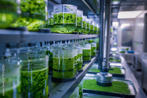 Detailed image of a lab exploring algae-based carbon capture technologies, focusing on photobioreactors and CO2 sequestration processes 32k, photo