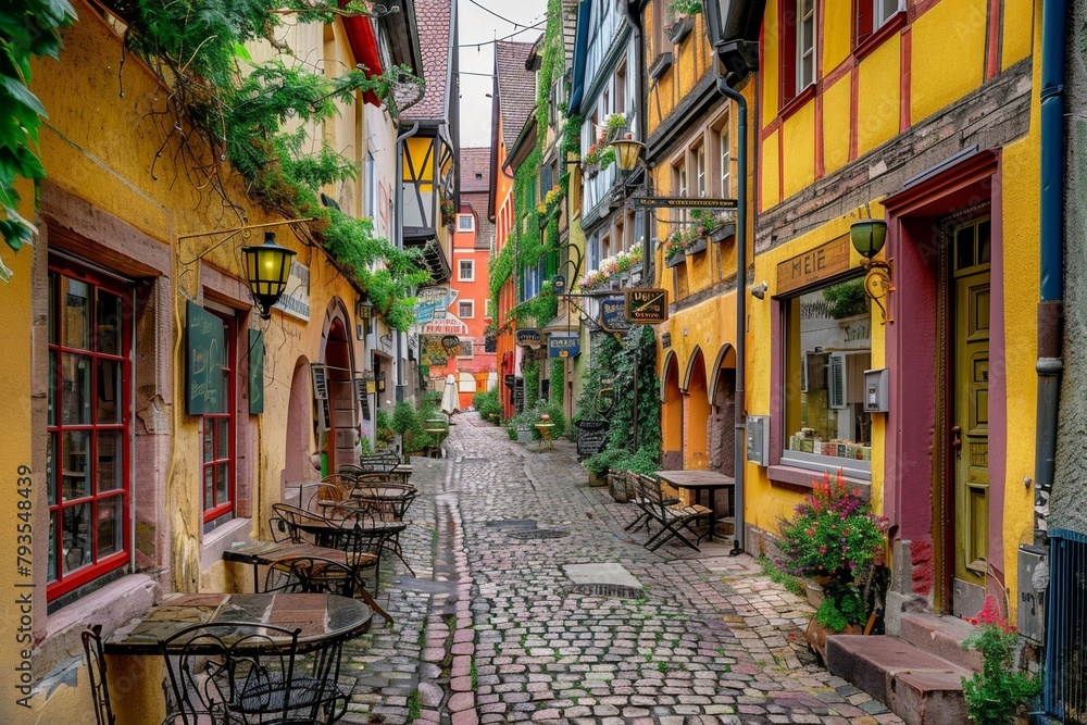A charming European cobblestone street lined with colorful buildings and cafes