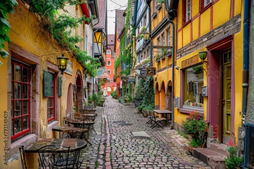 A charming European cobblestone street lined with colorful buildings and cafes