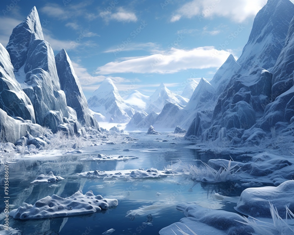 Travel to a 3D rendered icy mountain landscape, infused with elements of fantasy, high resolution, perfect for adventurous spirits ,3DCG,high resulution,clean sharp focu