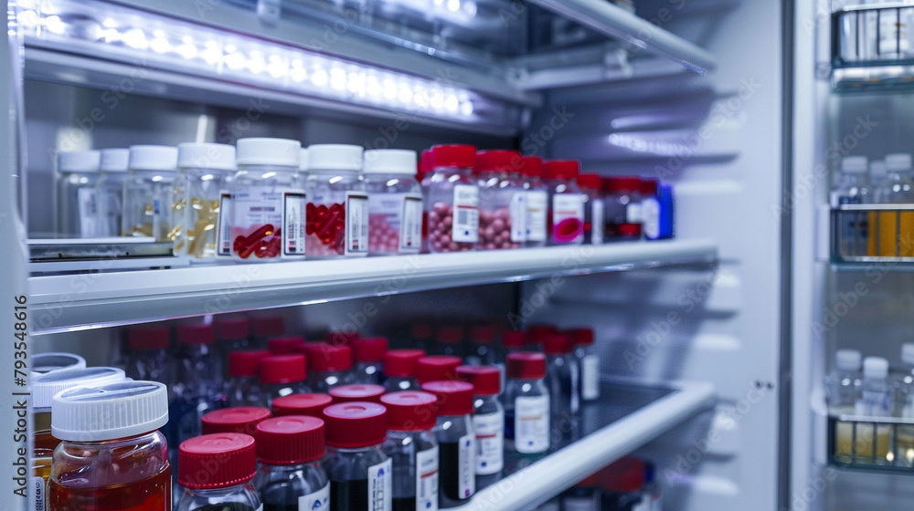 : A laboratory refrigerator storing biological samples, : A laboratory refrigerator storing biological samples,