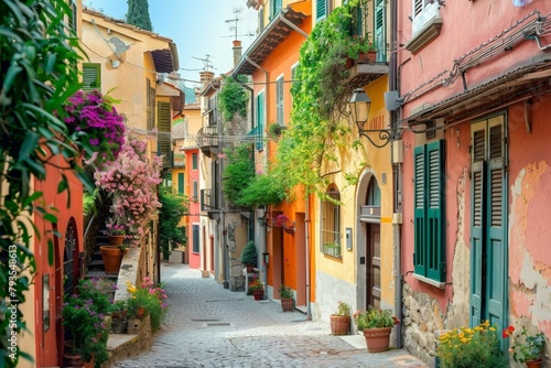 A charming Italian village with narrow cobblestone streets and colorful houses