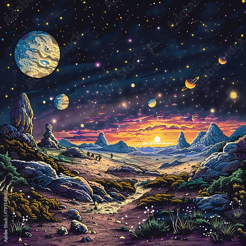 A painting of a desert landscape with a sunset in the background