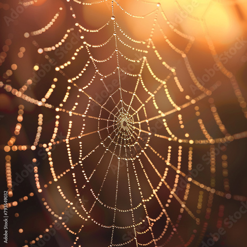 Vector 3D close-up of a dew-covered spider web, shimmering droplets, morning light, © elbanco