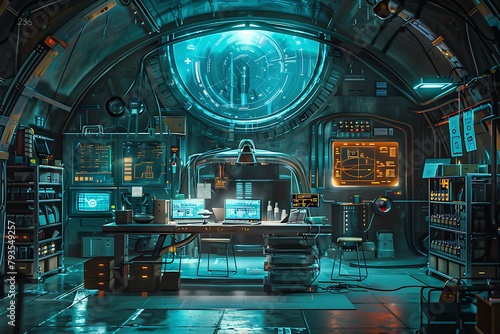 A futuristic room with a large window and a computer monitor