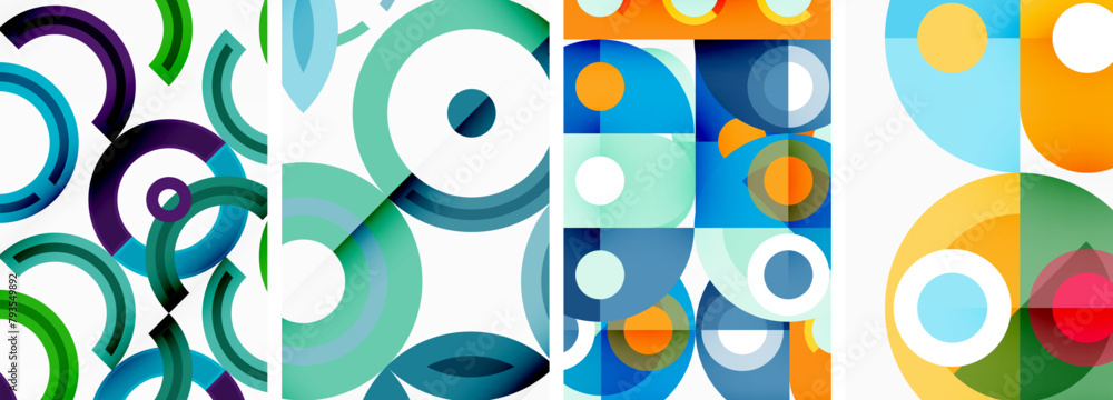 Fototapeta premium A vibrant art piece featuring a collage of azure, aqua, and electric blue circles in a pattern on a white background. The modern design showcases the beauty of geometric shapes and bold colors