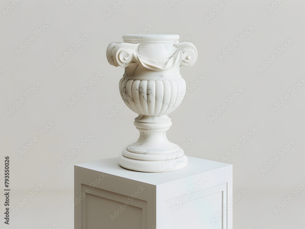 A white vase with a marble base sits on a pedestal. The vase is tall and slender, with a curved top and a base that is wider at the bottom A white vase with a marble base sits on a pedestal. The vase is tall and slender, with a curved top and a base that is wider at the bottom