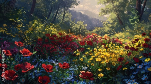 Indulge in the enchanting allure of a flower-filled background, where hues of red, yellow, and blue blend seamlessly to paint a picturesque scene of natural splendor.