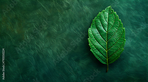 A leaf is on a green background. The leaf is green and has a pointy tip