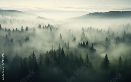 photo of a mist covered forest landscape seen from above