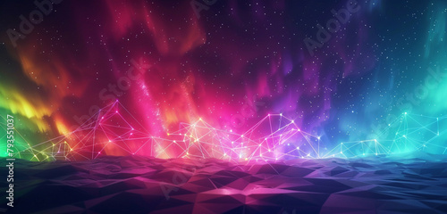 Low poly auroras in neon colors, painting the sky with the lights of digital communication and connectivity