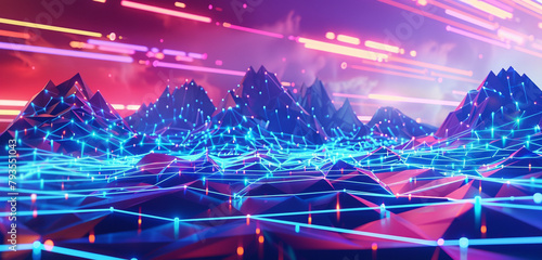 Low poly mountains under a cascading neon sky, where each polygon represents a data point in a vast communication network