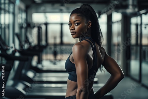 Athletic woman showcasing strength in gym © jaykoppelman