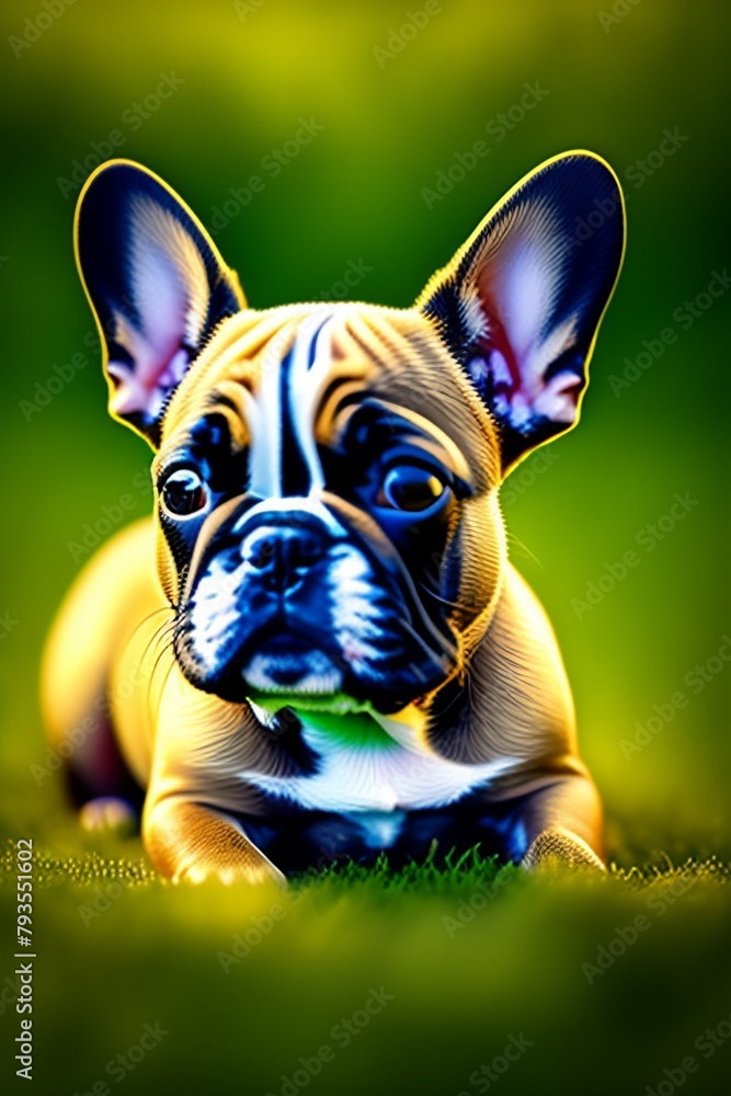 A cute little French bulldog puppy sitting on a green grassy lawn, with its head cocked and its tongue sticking out in a playful expression.
