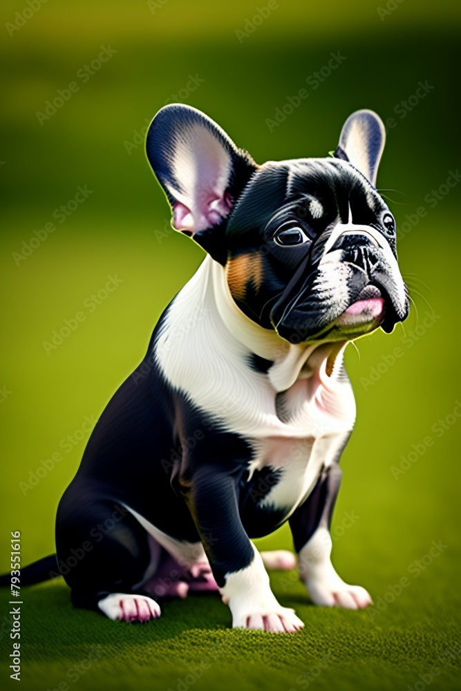 Fototapeta premium A cute little French bulldog puppy sitting on a green grassy lawn, with its head cocked and its tongue sticking out in a playful expression.