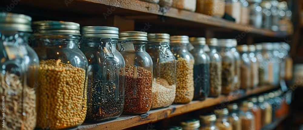 Jars of Seed and Grain Samples on Shelves