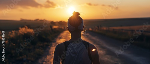 Female athlete standing on a road at sunset