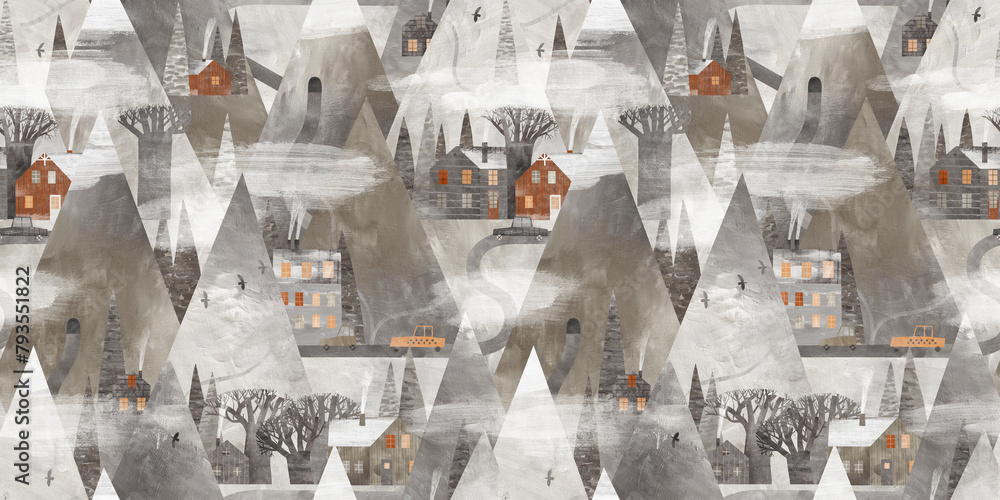 Naklejka premium Watercolor illustration. Cute seamless pattern with mountains, houses, trees and cars. Trendy mountain texture. Mountain resort.