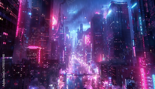 photo of a futuristic metaverse cityscape. Capture towering skyscrapers, neon lights, bustling streets