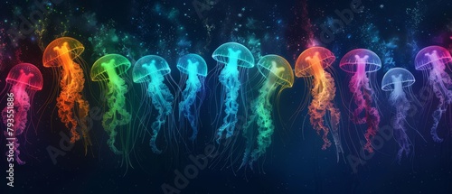 silhouettes of colorful fluorescent jellyfishes