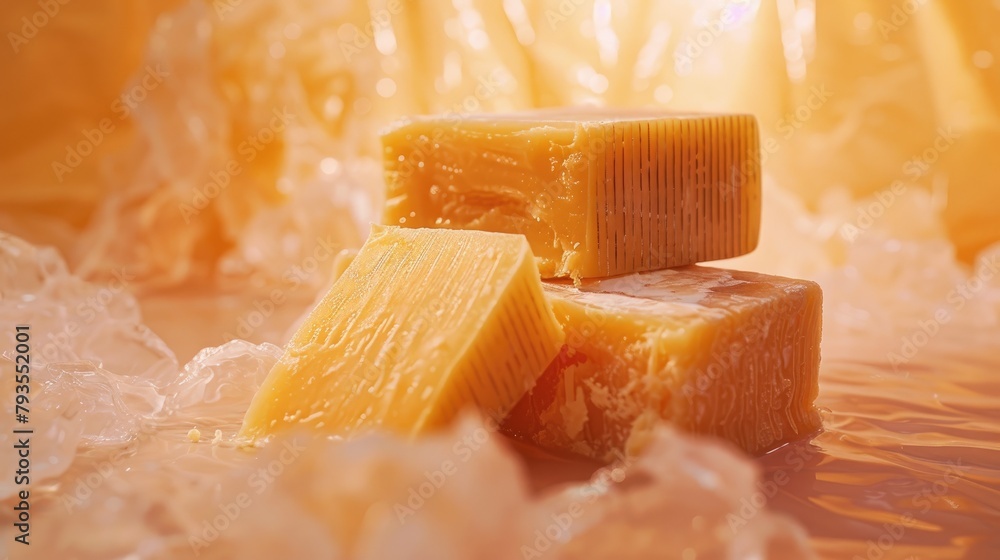 Cheese of a yellow hue displayed on a backdrop made of wood