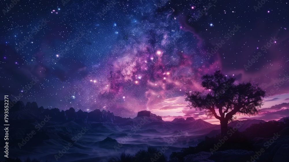 Starry Night Sky Over Mountain Landscape