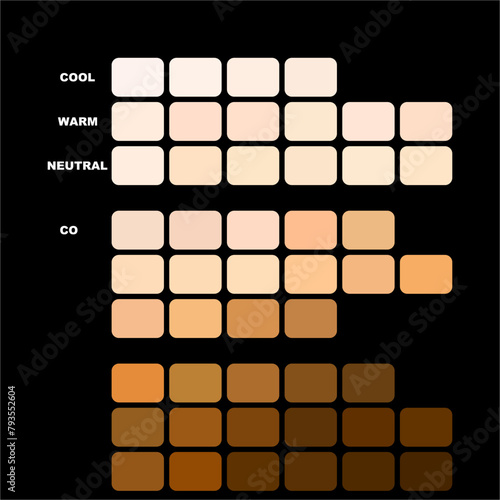 Collection Color palette chart, Skin tones. Flat illustration. Skin color infographics. Vector icon. Human skin tone. Abstract concept person face,body complexion graphic element for cosmetics. Health