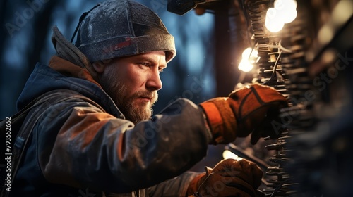 Closeup of an electrician working on a high voltage power line, sharply focused on the electrician with a blurred industrial background to emphasize the risk and precision of the job