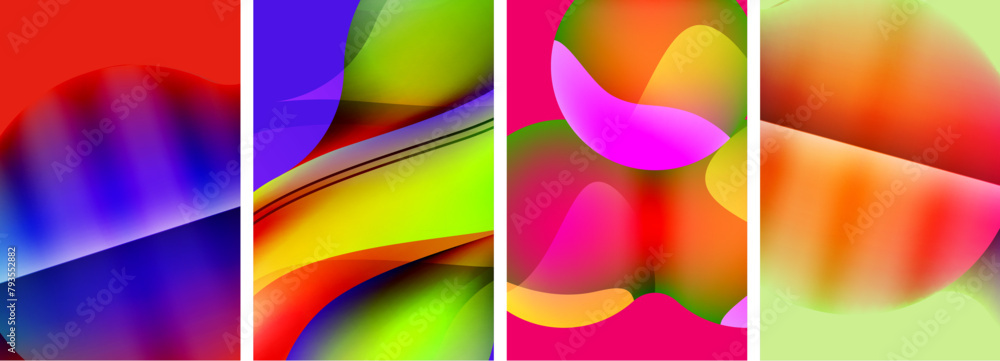 A colorful collage of abstract images featuring vibrant magenta, electric blue, and terrestrial plant motifs. Closeup patterns showcase symmetry and a range of tints and shades within each rectangle