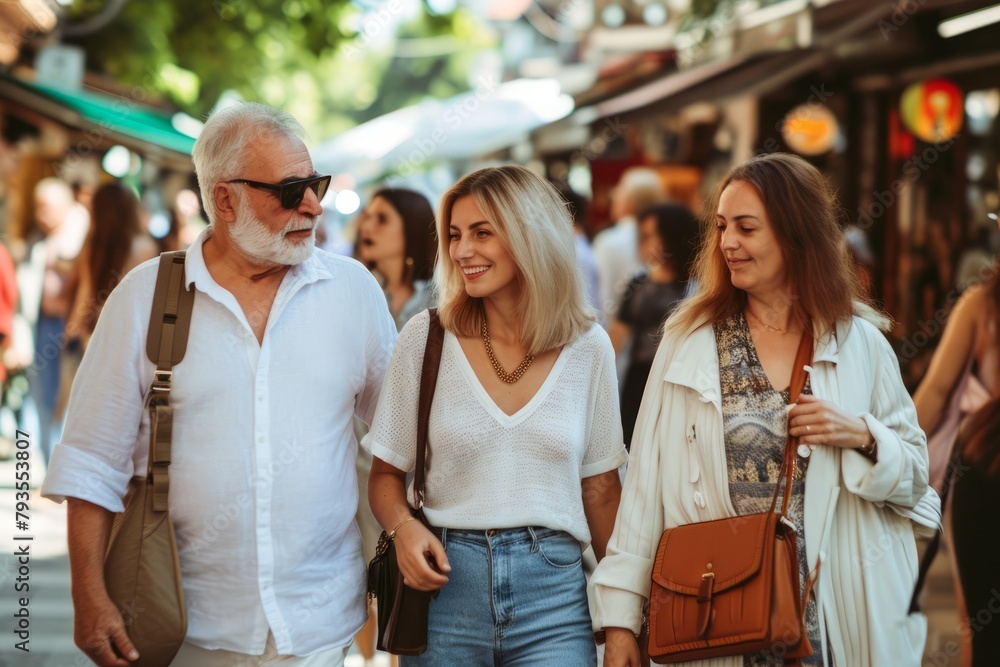 Happy senior couple with adult daughter walking in city street. People lifestyle concept.