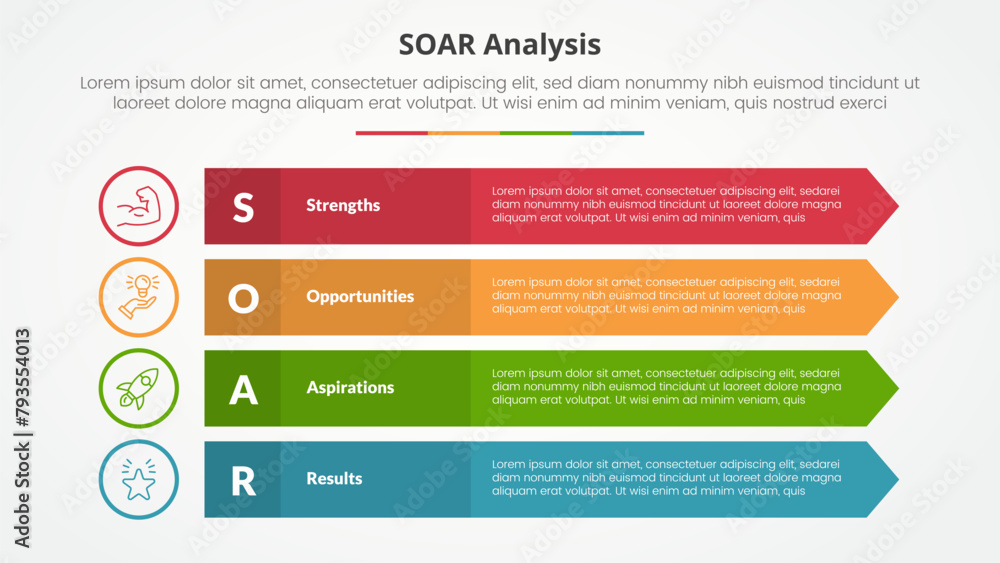 SOAR analysis infographic concept for slide presentation with long rectangle with arrow edge with 4 point list with flat style SOAR analysis infographic concept for slide presentation with long rectangle with arrow edge with 4 point list with flat style