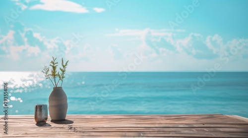 Blurry sea background adds summer vibes to wooden table decor