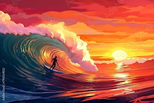 A silhouette of a surfer rides a towering wave at sunset, captured in a vibrant, stylized vector illustration. Generative AI photo